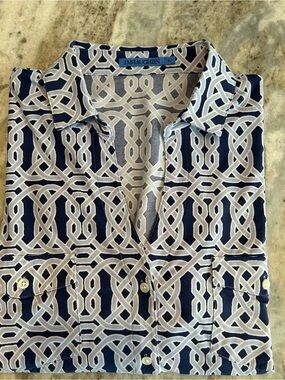 J. McLaughlin Navy and White Geometric Print Button-Up Top